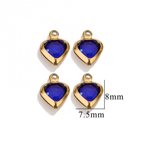 Picture of 20 PCs 304 Stainless Steel & Glass Connectors Charms Pendants Gold Plated Royal Blue Heart 7.5mm x 8mm