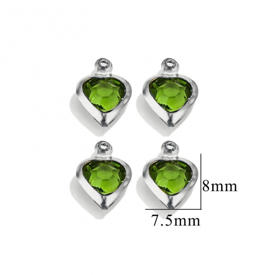 Picture of 20 PCs 304 Stainless Steel & Glass Connectors Charms Pendants Silver Tone Green Heart 7.5mm x 8mm