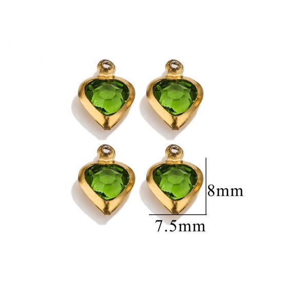 Picture of 20 PCs 304 Stainless Steel & Glass Connectors Charms Pendants Gold Plated Green Heart 7.5mm x 8mm