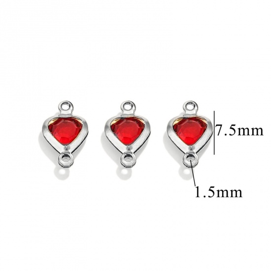 Picture of 20 PCs 304 Stainless Steel & Glass Connectors Charms Pendants Silver Tone Red Heart 7.5mm x 7.5mm