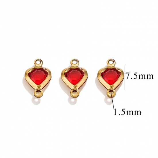 Picture of 20 PCs 304 Stainless Steel & Glass Connectors Charms Pendants Gold Plated Red Heart 7.5mm x 7.5mm