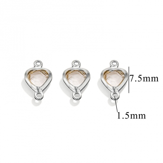 Picture of 20 PCs 304 Stainless Steel & Glass Connectors Charms Pendants Silver Tone Transparent Clear Heart 7.5mm x 7.5mm