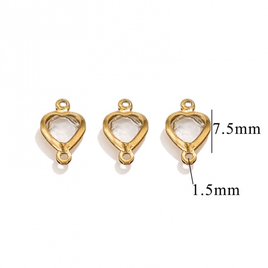 Picture of 20 PCs 304 Stainless Steel & Glass Connectors Charms Pendants Gold Plated Transparent Clear Heart 7.5mm x 7.5mm