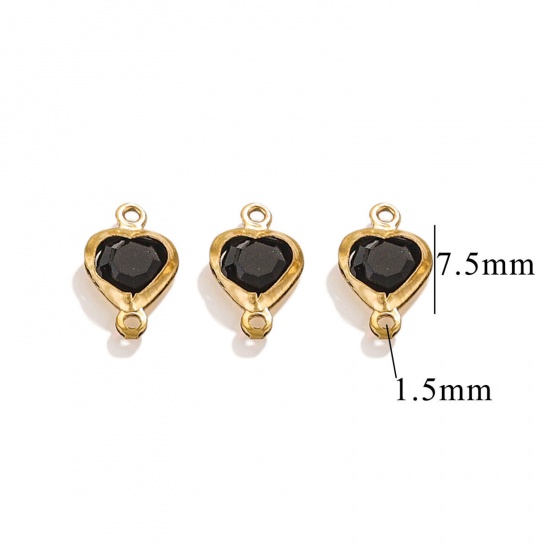 Picture of 20 PCs 304 Stainless Steel & Glass Connectors Charms Pendants Gold Plated Black Heart 7.5mm x 7.5mm