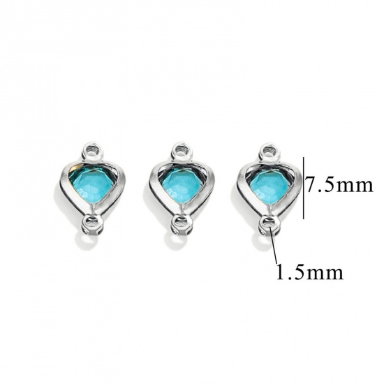 Picture of 20 PCs 304 Stainless Steel & Glass Connectors Charms Pendants Silver Tone Skyblue Heart 7.5mm x 7.5mm