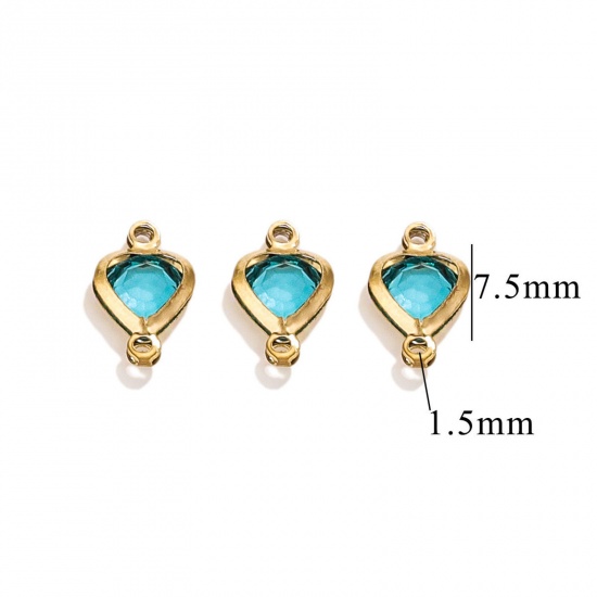 Picture of 20 PCs 304 Stainless Steel & Glass Connectors Charms Pendants Gold Plated Skyblue Heart 7.5mm x 7.5mm