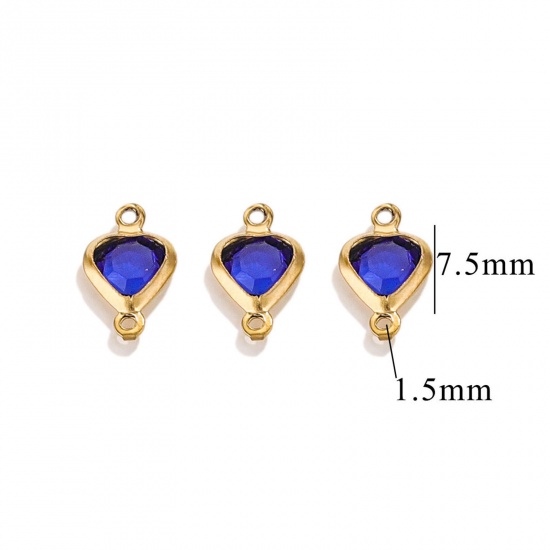 Picture of 20 PCs 304 Stainless Steel & Glass Connectors Charms Pendants Gold Plated Royal Blue Heart 7.5mm x 7.5mm