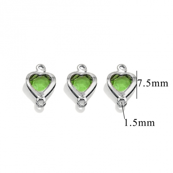 Picture of 20 PCs 304 Stainless Steel & Glass Connectors Charms Pendants Silver Tone Green Heart 7.5mm x 7.5mm