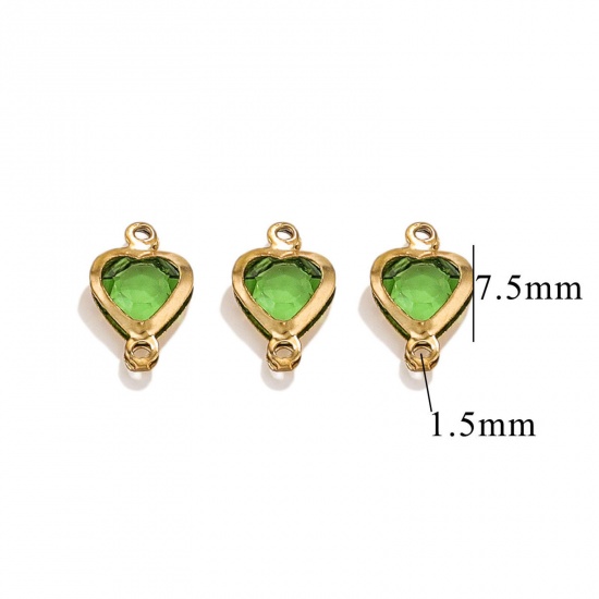 Picture of 20 PCs 304 Stainless Steel & Glass Connectors Charms Pendants Gold Plated Green Heart 7.5mm x 7.5mm