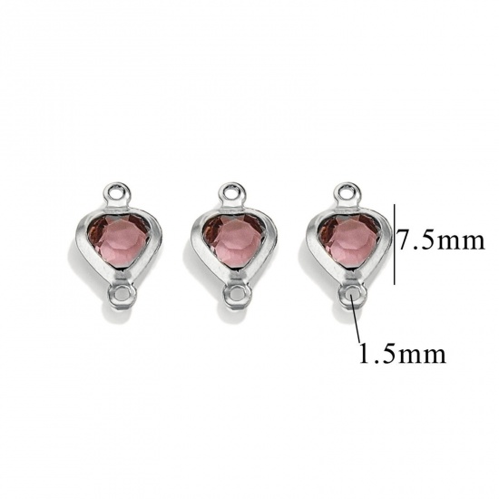 Picture of 20 PCs 304 Stainless Steel & Glass Connectors Charms Pendants Silver Tone Purple Heart 7.5mm x 7.5mm