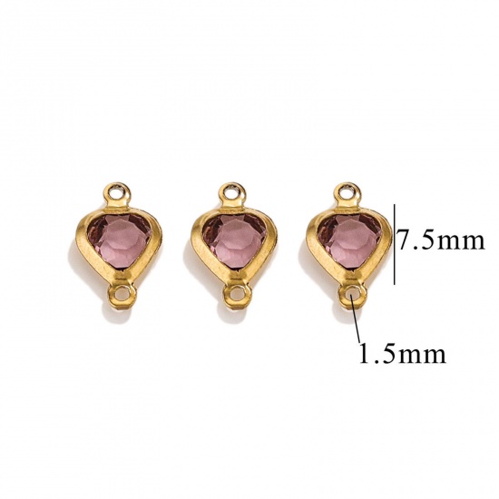 Picture of 20 PCs 304 Stainless Steel & Glass Connectors Charms Pendants Gold Plated Purple Heart 7.5mm x 7.5mm