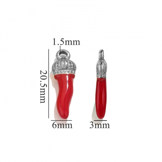 Picture of 5 PCs 304 Stainless Steel Charms Silver Tone Red Chili Crown Enamel 21mm x 7mm