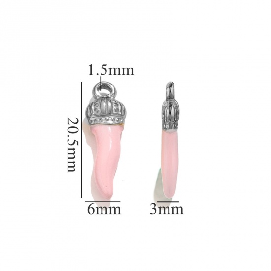 Picture of 5 PCs 304 Stainless Steel Charms Silver Tone Pink Chili Crown Enamel 21mm x 7mm