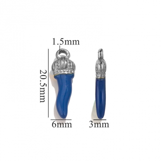 Picture of 5 PCs 304 Stainless Steel Charms Silver Tone Dark Blue Chili Crown Enamel 21mm x 7mm