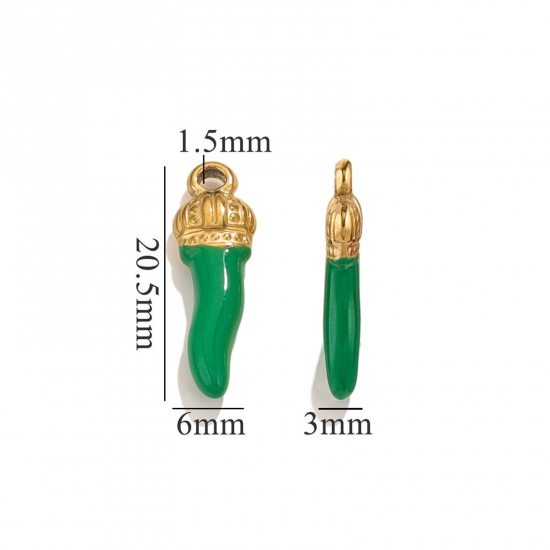 Picture of 5 PCs 304 Stainless Steel Charms 18K Gold Plated Green Chili Crown Enamel 21mm x 7mm