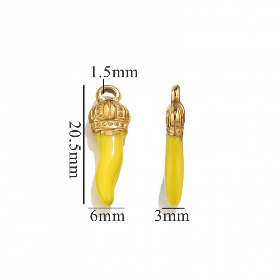 Picture of 5 PCs 304 Stainless Steel Charms 18K Gold Plated Yellow Chili Crown Enamel 21mm x 7mm