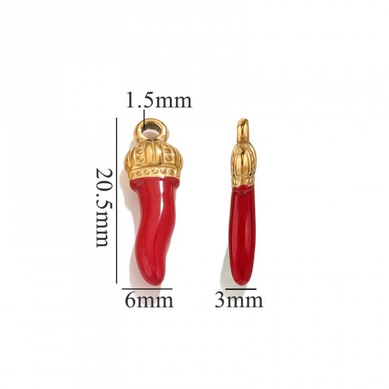 Picture of 5 PCs 304 Stainless Steel Charms 18K Gold Plated Red Chili Crown Enamel 21mm x 7mm