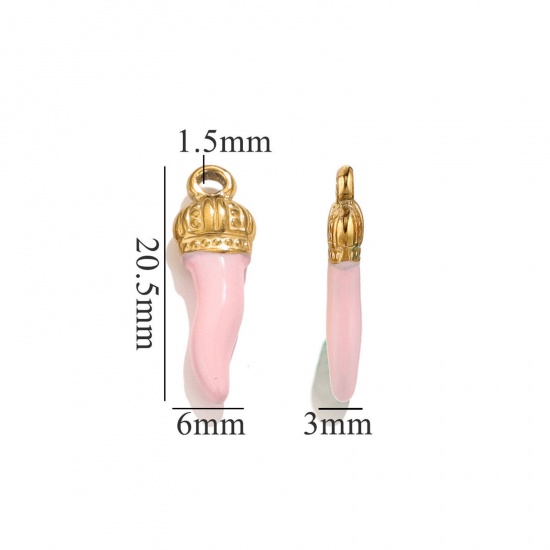 Picture of 5 PCs 304 Stainless Steel Charms 18K Gold Plated Pink Chili Crown Enamel 21mm x 7mm