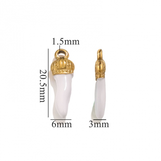 Picture of 5 PCs 304 Stainless Steel Charms 18K Gold Plated White Chili Crown Enamel 21mm x 7mm