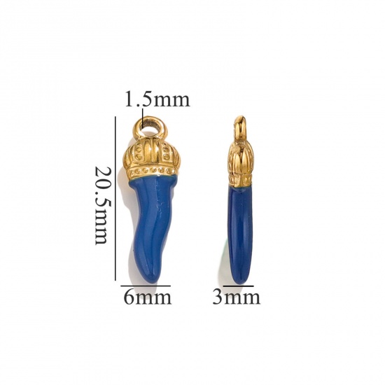 Picture of 5 PCs 304 Stainless Steel Charms 18K Gold Plated Dark Blue Chili Crown Enamel 21mm x 7mm