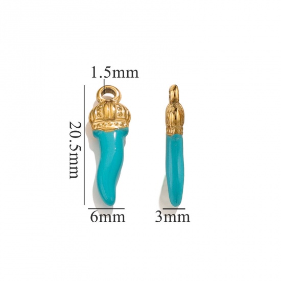 Picture of 5 PCs 304 Stainless Steel Charms 18K Gold Plated Green Blue Chili Crown Enamel 21mm x 7mm