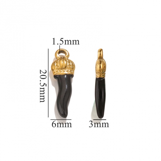 Picture of 5 PCs 304 Stainless Steel Charms 18K Gold Plated Black Chili Crown Enamel 21mm x 7mm