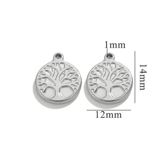 Image de 5 Pcs Breloques en 304 Acier Inoxydable Rond Argent Mat Arbre de Vie 14.5mm x 12mm