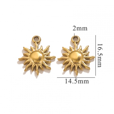 Picture of 5 PCs Vacuum Plating 304 Stainless Steel Charms 18K Gold Plated Sun 17mm x 14mm