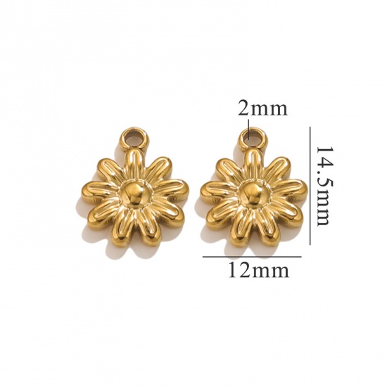 Image de 5 Pcs Breloques en 304 Acier Inoxydable Placage sous Vide Fleur Plaqué Or 18K 14mm x 12mm