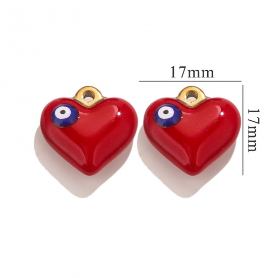 Imagen de 1 Unidad 304 Acero Inoxidable Colgantes Corazón Chapado en Oro de 18K Rojo Mal de ojo Esmalte 17mm x 17mm