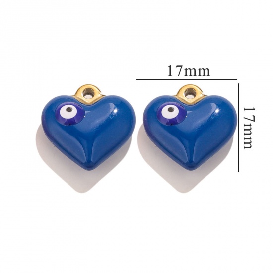 Imagen de 1 Unidad 304 Acero Inoxidable Colgantes Corazón Chapado en Oro de 18K Azul Oscuro Mal de ojo Esmalte 17mm x 17mm