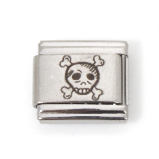 Picture of 5 PCs Stainless Steel Halloween Italian Charm Links For DIY Bracelet Jewelry Making Silver Tone Rectangle Halloween Skeleton Skull 10mm x 9mm