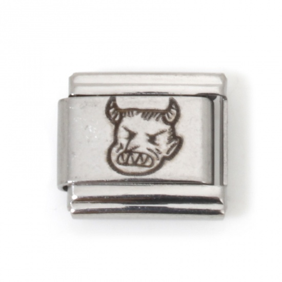 Picture of 5 PCs Stainless Steel Halloween Italian Charm Links For DIY Bracelet Jewelry Making Silver Tone Rectangle The Devil 10mm x 9mm