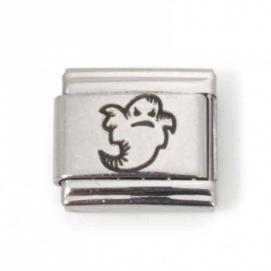 Picture of 5 PCs Stainless Steel Halloween Italian Charm Links For DIY Bracelet Jewelry Making Silver Tone Rectangle Halloween Ghost 10mm x 9mm