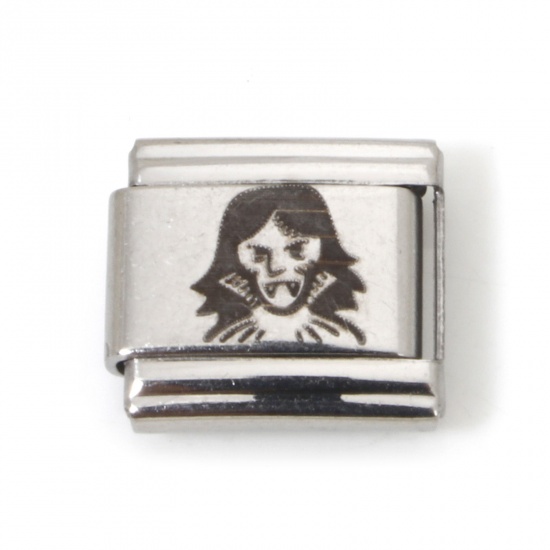 Picture of 5 PCs Stainless Steel Halloween Italian Charm Links For DIY Bracelet Jewelry Making Silver Tone Rectangle The Devil 10mm x 9mm