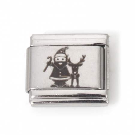 Picture of 5 PCs Stainless Steel Italian Charm Links For DIY Bracelet Jewelry Making Silver Tone Rectangle Christmas Santa Claus 10mm x 9mm