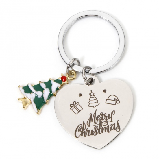 Immagine di 1 Pz 304 Acciaio Inossidabile Natale Anello Portachiavi Tono Argento Cuore Albero di Natale 6.1cm x 3.3cm