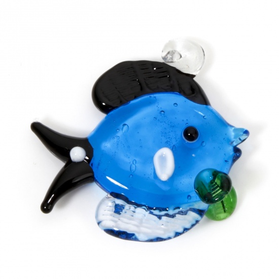 Image de 1 Pièce Pendentifs Bijoux d'Océan en Verre au Chalumeau Poisson Bleu 3D 3.5cm x 3.4cm