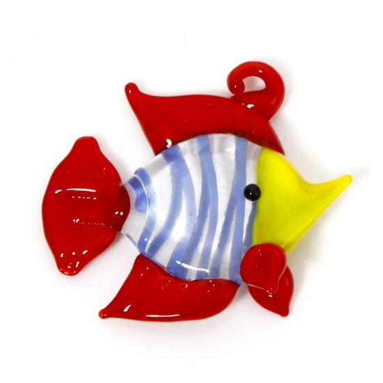 Image de 1 Pièce Pendentifs Bijoux d'Océan en Verre au Chalumeau Poisson Rouge Rayées 3D 3.7cm x 3.4cm