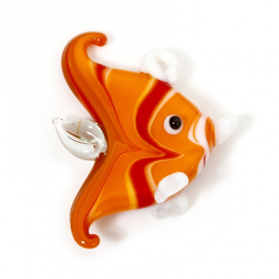 Image de 1 Pièce Pendentifs Bijoux d'Océan en Verre au Chalumeau Poisson Orange Rayées 3D 4.2cm x 3.3cm