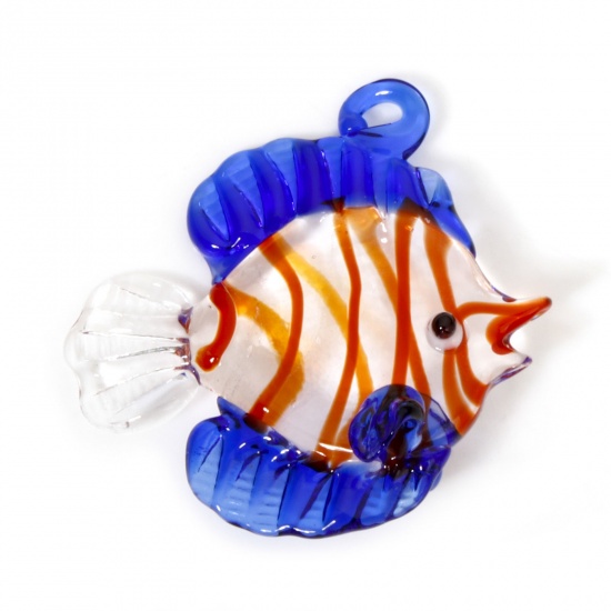 Image de 1 Pièce Pendentifs Bijoux d'Océan en Verre au Chalumeau Poisson Bleu Foncé Rayées 3D 3.7cm x 3.7cm