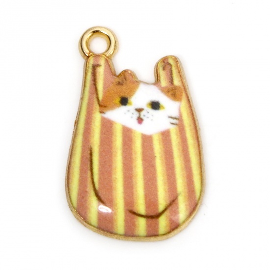 Picture of 10 PCs Zinc Based Alloy Charms Gold Plated Orange Bag Cat Enamel 22mm x 11mm