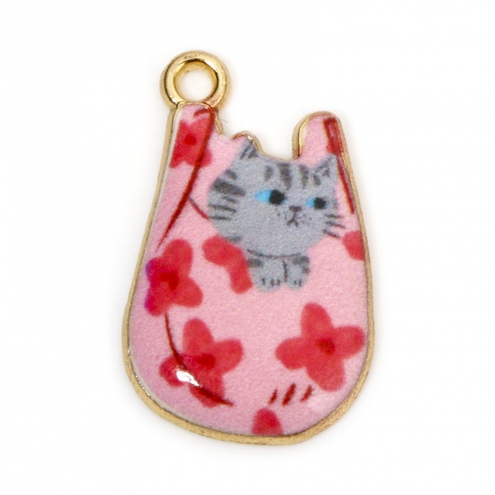 Picture of 10 PCs Zinc Based Alloy Charms Gold Plated Pink Bag Cat Enamel 22mm x 11mm