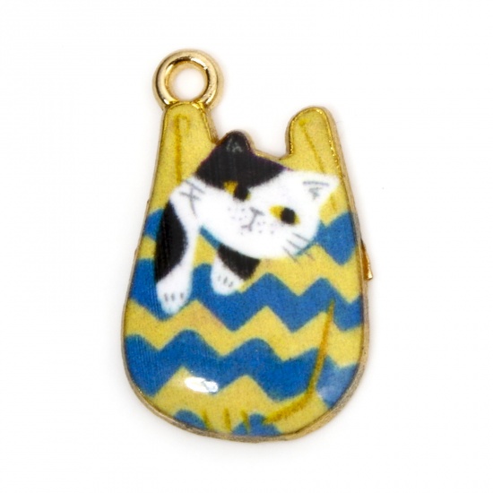 Picture of 10 PCs Zinc Based Alloy Charms Gold Plated Yellow & Blue Bag Cat Enamel 22mm x 11mm