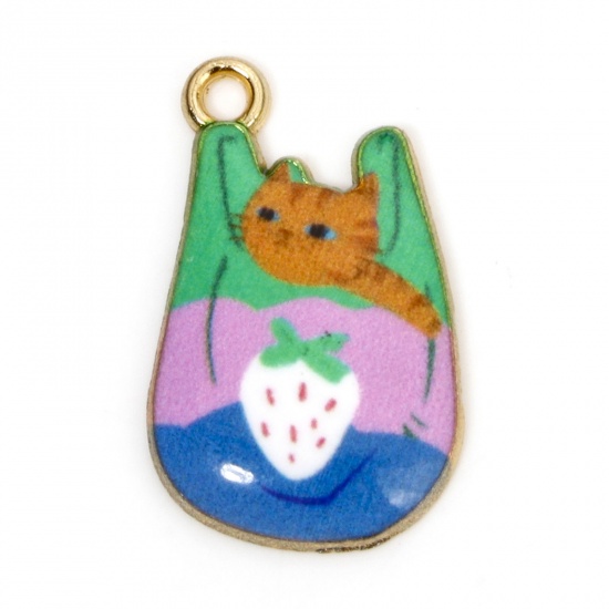 Picture of 10 PCs Zinc Based Alloy Charms Gold Plated Multicolor Bag Cat Enamel 22mm x 11mm