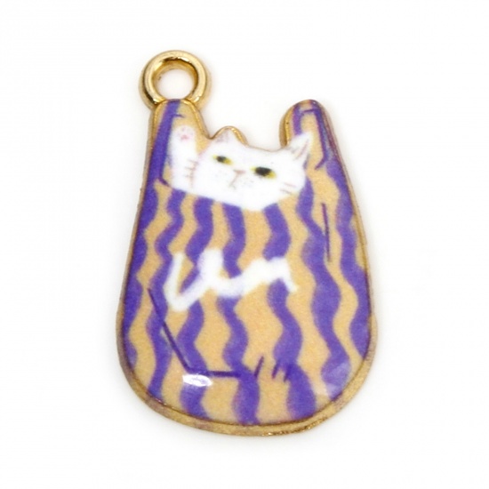 Picture of 10 PCs Zinc Based Alloy Charms Gold Plated Yellow & Purple Bag Cat Enamel 22mm x 11mm