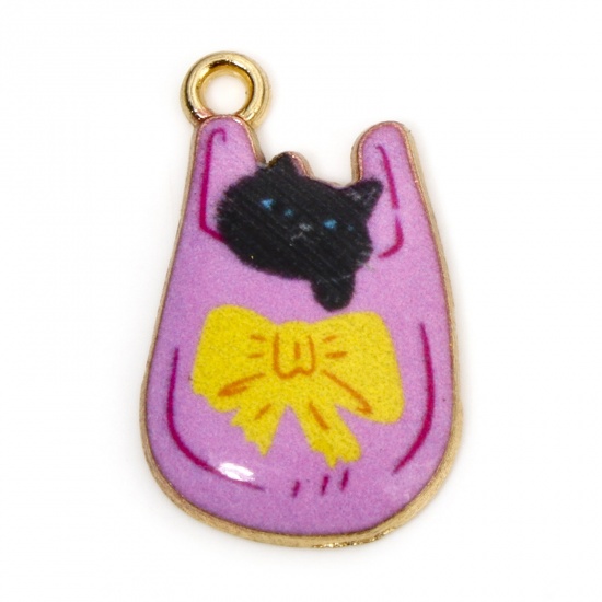 Picture of 10 PCs Zinc Based Alloy Charms Gold Plated Mauve Bag Cat Enamel 22mm x 11mm