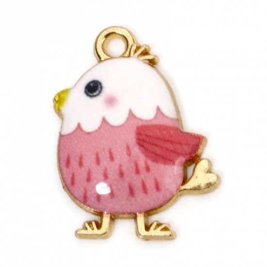 Picture of 10 PCs Zinc Based Alloy Easter Day Charms Gold Plated Pink Chicken Enamel 20mm x 16mm