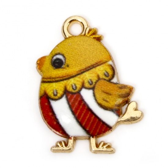 Picture of 10 PCs Zinc Based Alloy Easter Day Charms Gold Plated Yellow Chicken Enamel 20mm x 16mm