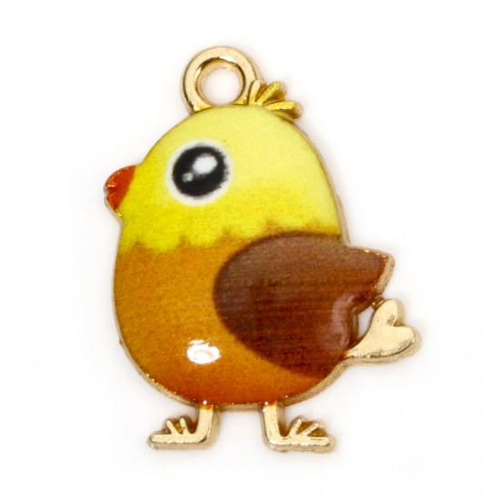 Picture of 10 PCs Zinc Based Alloy Easter Day Charms Gold Plated Yellow Chicken Enamel 20mm x 16mm